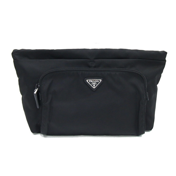 Prada Clutch Bag Bag Shoulder Black Leather Nylon Pouch - Picture 1 of 5
